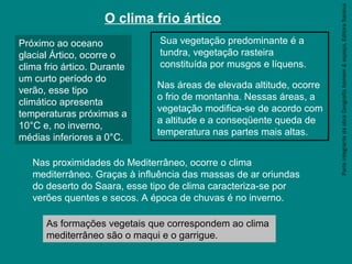 ParteintegrantedaobraGeografiahomem&espaço,EditoraSaraiva
O clima frio ártico
Próximo ao oceano
glacial Ártico, ocorre o
clima frio ártico. Durante
um curto período do
verão, esse tipo
climático apresenta
temperaturas próximas a
10°C e, no inverno,
médias inferiores a 0°C.
Sua vegetação predominante é a
tundra, vegetação rasteira
constituída por musgos e líquens.
Nas áreas de elevada altitude, ocorre
o frio de montanha. Nessas áreas, a
vegetação modifica-se de acordo com
a altitude e a conseqüente queda de
temperatura nas partes mais altas.
Nas proximidades do Mediterrâneo, ocorre o clima
mediterrâneo. Graças à influência das massas de ar oriundas
do deserto do Saara, esse tipo de clima caracteriza-se por
verões quentes e secos. A época de chuvas é no inverno.
As formações vegetais que correspondem ao clima
mediterrâneo são o maqui e o garrigue.
 