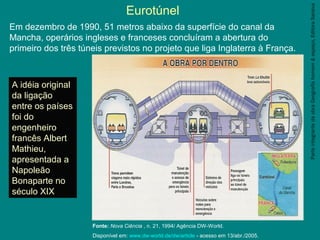 ParteintegrantedaobraGeografiahomem&espaço,EditoraSaraiva
Eurotúnel
Em dezembro de 1990, 51 metros abaixo da superfície do canal da
Mancha, operários ingleses e franceses concluíram a abertura do
primeiro dos três túneis previstos no projeto que liga Inglaterra à França.
A idéia original
da ligação
entre os países
foi do
engenheiro
francês Albert
Mathieu,
apresentada a
Napoleão
Bonaparte no
século XIX
Fonte: Nova Ciência , n. 21, 1994/ Agência DW-World.
Disponível em: www.dw-world.de/dw/article - acesso em 13/abr./2005.
 
