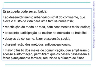 ParteintegrantedaobraGeografiahomem&espaço,EditoraSaraiva
Essa queda pode ser atribuída:
• ao desenvolvimento urbano-industrial do continente, que
eleva o custo de vida para uma família numerosa;
• redefinição do modo de vida, com casamentos mais tardios;
• crescente participação da mulher no mercado de trabalho;
• desejos de consumo, lazer e ascensão social;
• disseminação dos métodos anticoncepcionais;
• maior difusão dos meios de comunicação, que ampliaram o
acesso a informação, permitiram que os casais passassem a
fazer planejamento familiar, reduzindo o número de filhos.
 