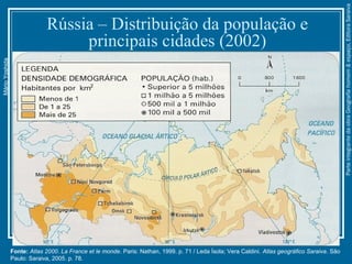 Rússia – Distribuição da população e
principais cidades (2002)
MárioYoshida
Fonte: Atlas 2000. La France et le monde. Paris: Nathan, 1999. p. 71 / Leda Ísola; Vera Caldini. Atlas geográfico Saraiva. São
Paulo: Saraiva, 2005. p. 78.
ParteintegrantedaobraGeografiahomem&espaço,EditoraSaraiva
 