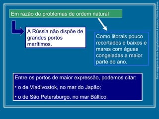 Em razão de problemas de ordem natural
Entre os portos de maior expressão, podemos citar:
• o de Vladivostok, no mar do Japão;
• o de São Petersburgo, no mar Báltico.
Como litorais pouco
recortados e baixos e
mares com águas
congeladas a maior
parte do ano.
A Rússia não dispõe de
grandes portos
marítimos.
ParteintegrantedaobraGeografiahomem&espaço,EditoraSaraiva
 
