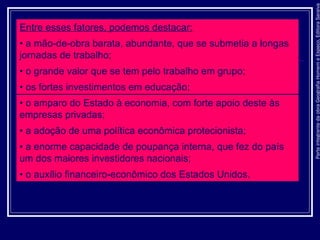 ParteintegrantedaobraGeografiaHomemeEspaço,EditoraSaraiva
Entre esses fatores, podemos destacar:
• a mão-de-obra barata, abundante, que se submetia a longas
jornadas de trabalho;
• o grande valor que se tem pelo trabalho em grupo;
• os fortes investimentos em educação;
• o amparo do Estado à economia, com forte apoio deste às
empresas privadas;
• a adoção de uma política econômica protecionista;
• a enorme capacidade de poupança interna, que fez do país
um dos maiores investidores nacionais;
• o auxílio financeiro-econômico dos Estados Unidos.
 