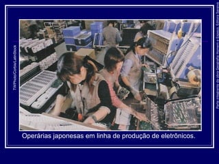 ParteintegrantedaobraGeografiaHomemeEspaço,EditoraSaraiva
Operárias japonesas em linha de produção de eletrônicos.
TWPhoto/Corbis/LatinStock
 
