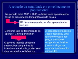 ParteintegrantedaobraGeografiaHomemeEspaço,EditoraSaraiva
A redução da natalidade e o envelhecimento
populacional
A escassez de terras no
Japão ocasionou uma
grande elevação dos
preços de imóveis,
obrigando as famílias
jovens a alugar ou
comprar apartamentos
minúsculos.
No período entre 1995 e 2003, o Japão vinha apresentando
taxas de crescimento demográfico muito baixas.
Há décadas essas taxas vêm apresentando
declínio.
O governo japonês chegou a
desenvolver campanhas de
incentivo à natalidade, porém sem
obter resultados satisfatórios.
Com uma taxa de fecundidade de
apenas 1,3 filho por mulher.
 