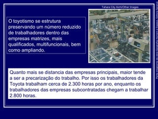 ParteintegrantedaobraGeografiaHomemeEspaço,EditoraSaraiva
O toyotismo se estrutura
preservando um número reduzido
de trabalhadores dentro das
empresas matrizes, mais
qualificados, multifuncionais, bem
como ampliando.
Quanto mais se distancia das empresas principais, maior tende
a ser a precarização do trabalho. Por isso os trabalhadores da
Toyota trabalham cerca de 2.300 horas por ano, enquanto os
trabalhadores das empresas subcontratadas chegam a trabalhar
2.800 horas.
Tahara City Aichi/Other Images
 