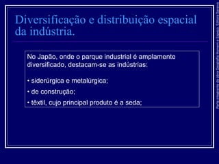 ParteintegrantedaobraGeografiaHomemeEspaço,EditoraSaraiva
Diversificação e distribuição espacial
da indústria.
No Japão, onde o parque industrial é amplamente
diversificado, destacam-se as indústrias:
• siderúrgica e metalúrgica;
• de construção;
• têxtil, cujo principal produto é a seda;
 