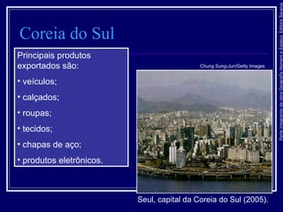 ParteintegrantedaobraGeografiaHomemeEspaço,EditoraSaraiva
Coreia do Sul
Seul, capital da Coreia do Sul (2005).
Principais produtos
exportados são:
• veículos;
• calçados;
• roupas;
• tecidos;
• chapas de aço;
• produtos eletrônicos.
Chung Sung-Jun/Getty Images
 
