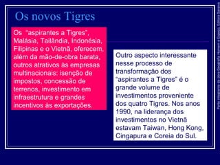 ParteintegrantedaobraGeografiaHomemeEspaço,EditoraSaraiva
Os novos Tigres
Os “aspirantes a Tigres”,
Malásia, Tailândia, Indonésia,
Filipinas e o Vietnã, oferecem,
além da mão-de-obra barata,
outros atrativos às empresas
multinacionais: isenção de
impostos, concessão de
terrenos, investimento em
infraestrutura e grandes
incentivos às exportações.
Outro aspecto interessante
nesse processo de
transformação dos
“aspirantes a Tigres” é o
grande volume de
investimentos proveniente
dos quatro Tigres. Nos anos
1990, na liderança dos
investimentos no Vietnã
estavam Taiwan, Hong Kong,
Cingapura e Coreia do Sul.
 