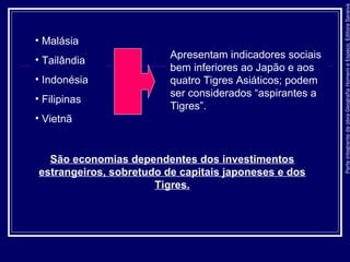 ParteintegrantedaobraGeografiaHomemeEspaço,EditoraSaraiva
• Malásia
• Tailândia
• Indonésia
• Filipinas
• Vietnã
Apresentam indicadores sociais
bem inferiores ao Japão e aos
quatro Tigres Asiáticos; podem
ser considerados “aspirantes a
Tigres”.
São economias dependentes dos investimentos
estrangeiros, sobretudo de capitais japoneses e dos
Tigres.
 