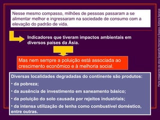 ParteintegrantedaobraGeografiaHomemeEspaço,EditoraSaraiva
Diversas localidades degradadas do continente são produtos:
• da pobreza;
• da ausência de investimento em saneamento básico;
• da poluição do solo causada por rejeitos industriais;
• da intensa utilização de lenha como combustível doméstico,
entre outras.
Nesse mesmo compasso, milhões de pessoas passaram a se
alimentar melhor e ingressaram na sociedade de consumo com a
elevação do padrão de vida.
Indicadores que tiveram impactos ambientais em
diversos países da Ásia.
Mas nem sempre a poluição está associada ao
crescimento econômico e à melhoria social.
 