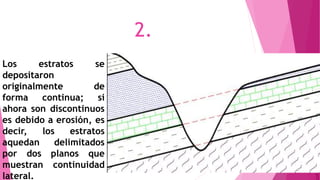 Los estratos se
depositaron
originalmente de
forma continua; si
ahora son discontinuos
es debido a erosión, es
decir, los estratos
aquedan delimitados
por dos planos que
muestran continuidad
lateral.
2.
 