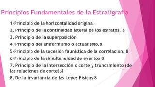 Principios Fundamentales de la Estratigrafía
1·Principio de la horizontalidad original
2. Principio de la continuidad lateral de los estratos. 8
3. Principio de la superposición.
4 ·Principio del uniformismo o actualismo.8
5·Principio de la sucesión faunística de la correlación. 8
6·Principio de la simultaneidad de eventos 8
7. Principio de la intersección o corte y truncamiento (de
las relaciones de corte).8
8. De la invariancia de las Leyes Físicas 8
 