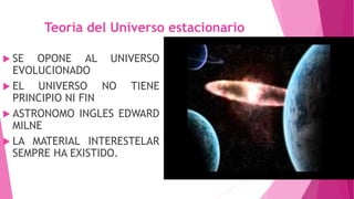 Teoría del Universo estacionario
 SE OPONE AL UNIVERSO
EVOLUCIONADO
 EL UNIVERSO NO TIENE
PRINCIPIO NI FIN
 ASTRONOMO INGLES EDWARD
MILNE
 LA MATERIAL INTERESTELAR
SEMPRE HA EXISTIDO.
 