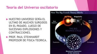 Teoría del Universo oscilatorio
 NUESTRO UNIVERSO SERÍA EL
ULTIMO DE MUCHOS SURGIDOS
EN EL PASADO, LUEGO DE
SUCESIVAS EXPLOSIONES Y
CONTRACCIONES.
 PROF. PAUL STEINHARDT
PROFESOR DE FISICA TEORICA.
 