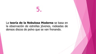 5.
La teoría de la Nebulosa Moderna se basa en
la observación de estrellas jóvenes, rodeadas de
densos discos de polvo que se van frenando.
 