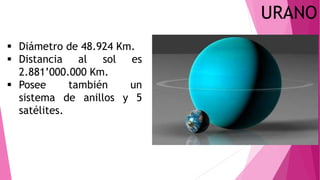 URANO
 Diámetro de 48.924 Km.
 Distancia al sol es
2.881’000.000 Km.
 Posee también un
sistema de anillos y 5
satélites.
 