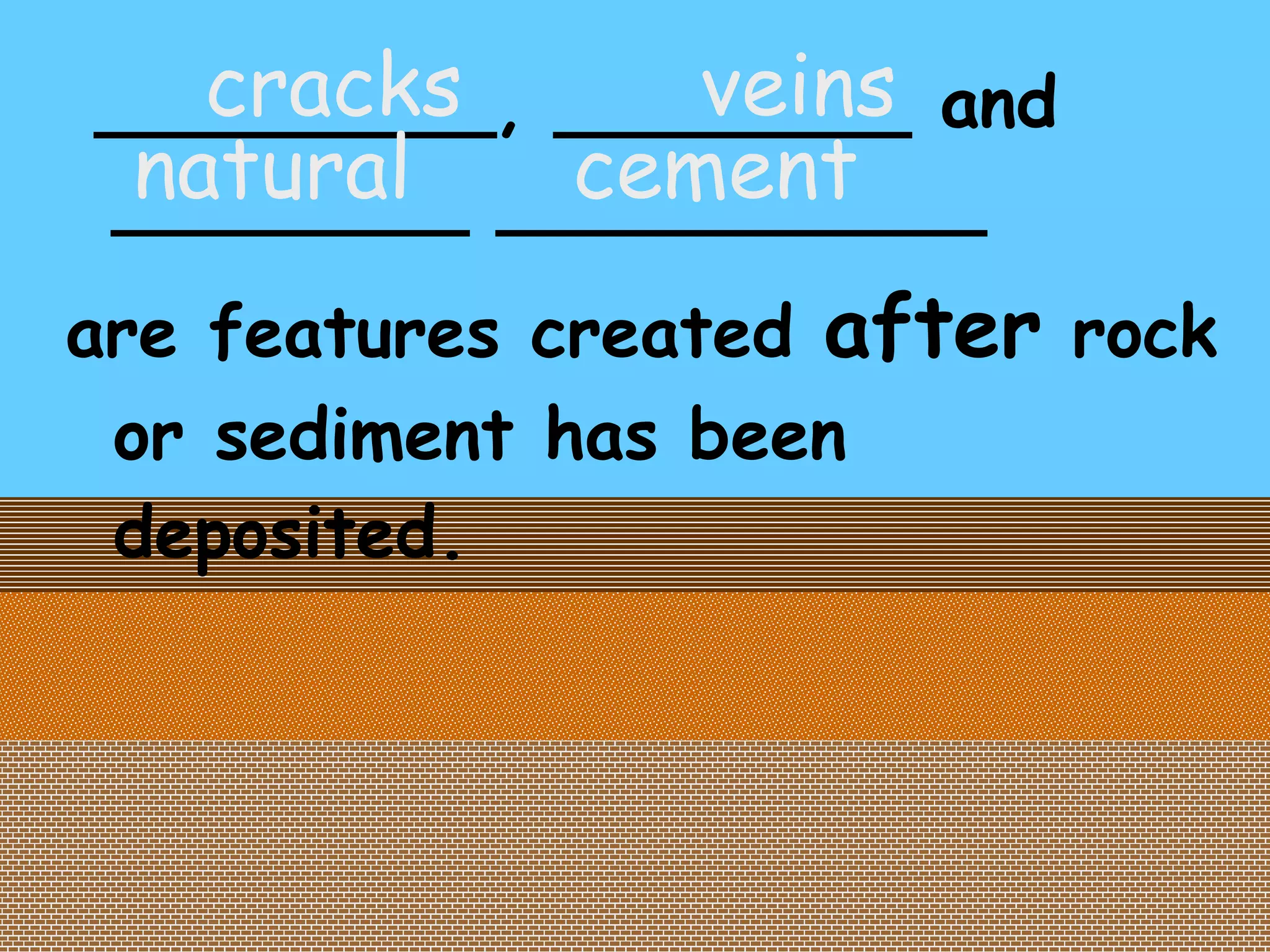 _________, ________ and ________ ___________ are features created  after  rock or sediment has been deposited. cracks veins natural cement 