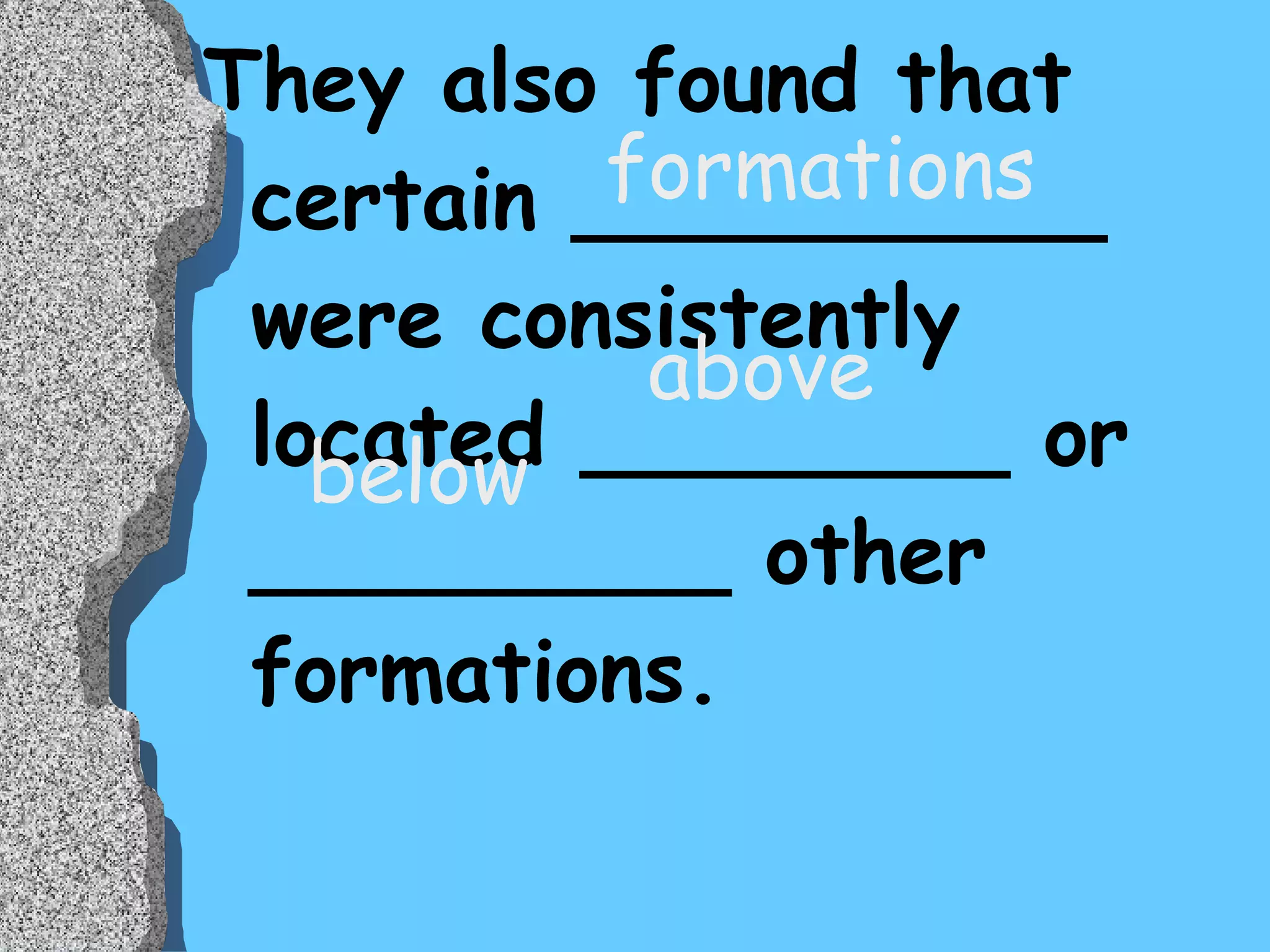 They also found that certain __________ were consistently located ________ or _________ other formations. formations above below 