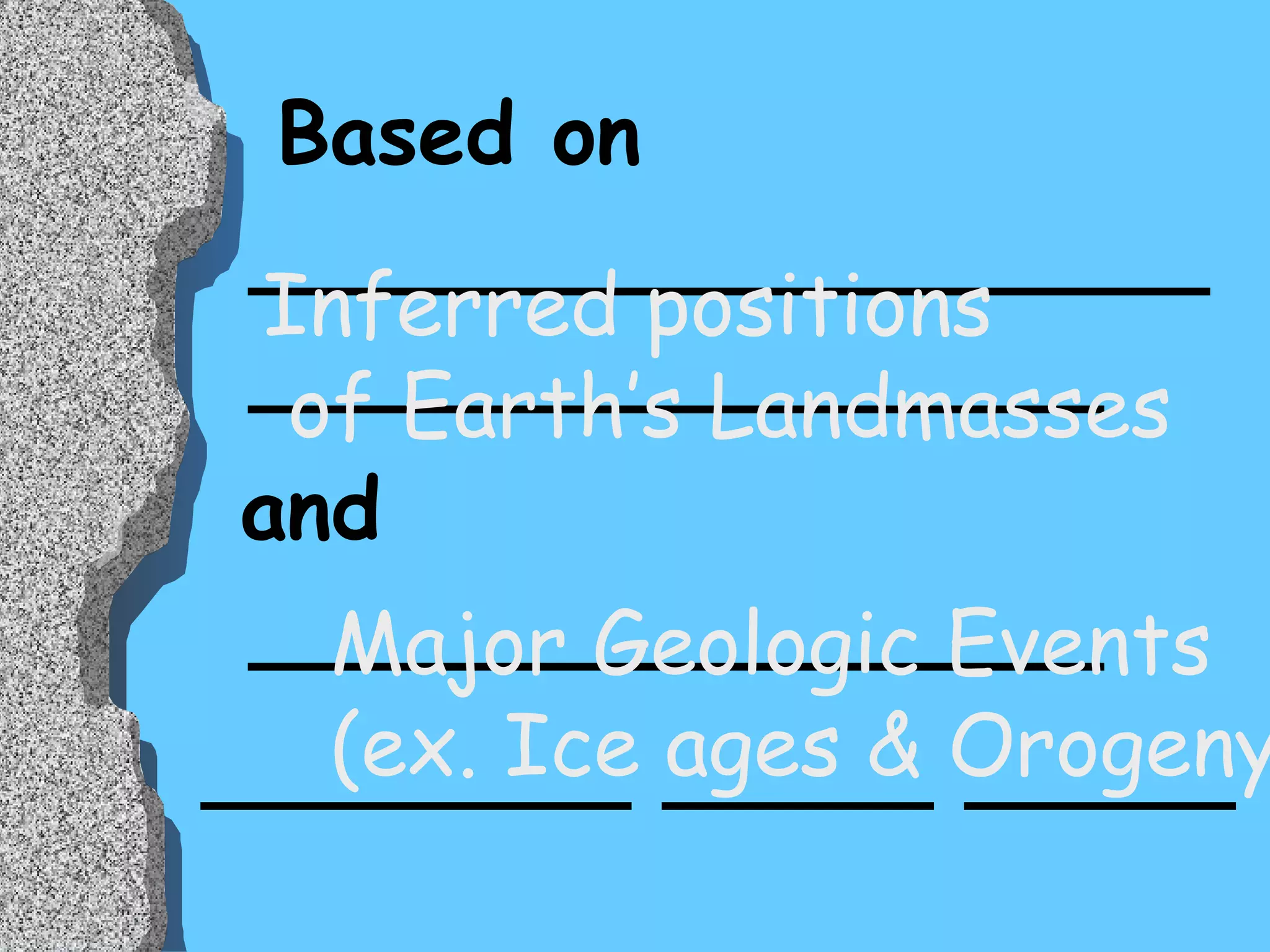 Based on __________________________________ and ________________ ________ _____ _____ Inferred positions of Earth’s Landmasses  Major Geologic Events (ex. Ice ages & Orogenys) 