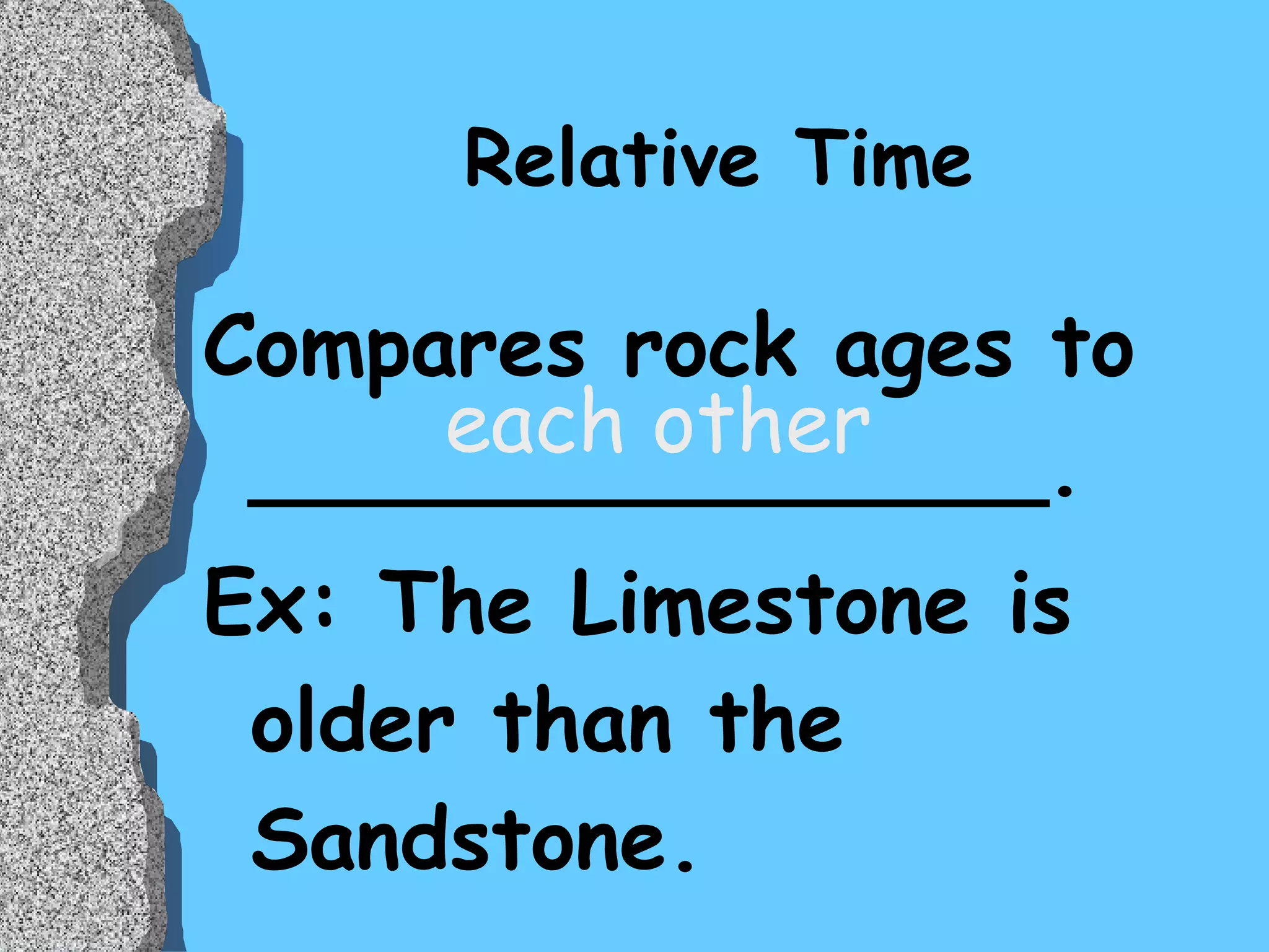 Relative Time Compares rock ages to _______________. Ex: The Limestone is older than the Sandstone.  each other 