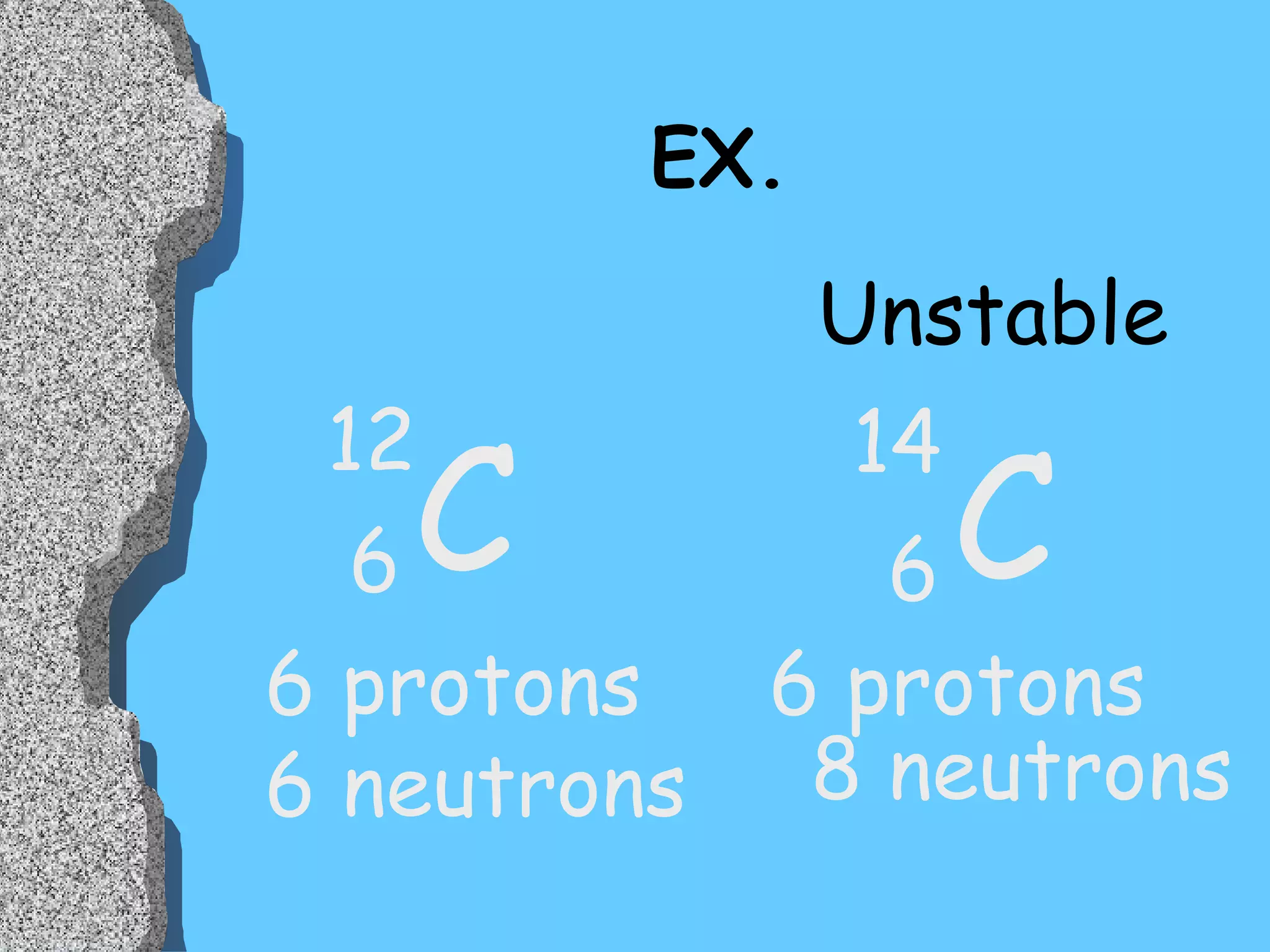 EX. C C 6 6 12 14 6 protons  6 protons 6 neutrons Unstable 8 neutrons 