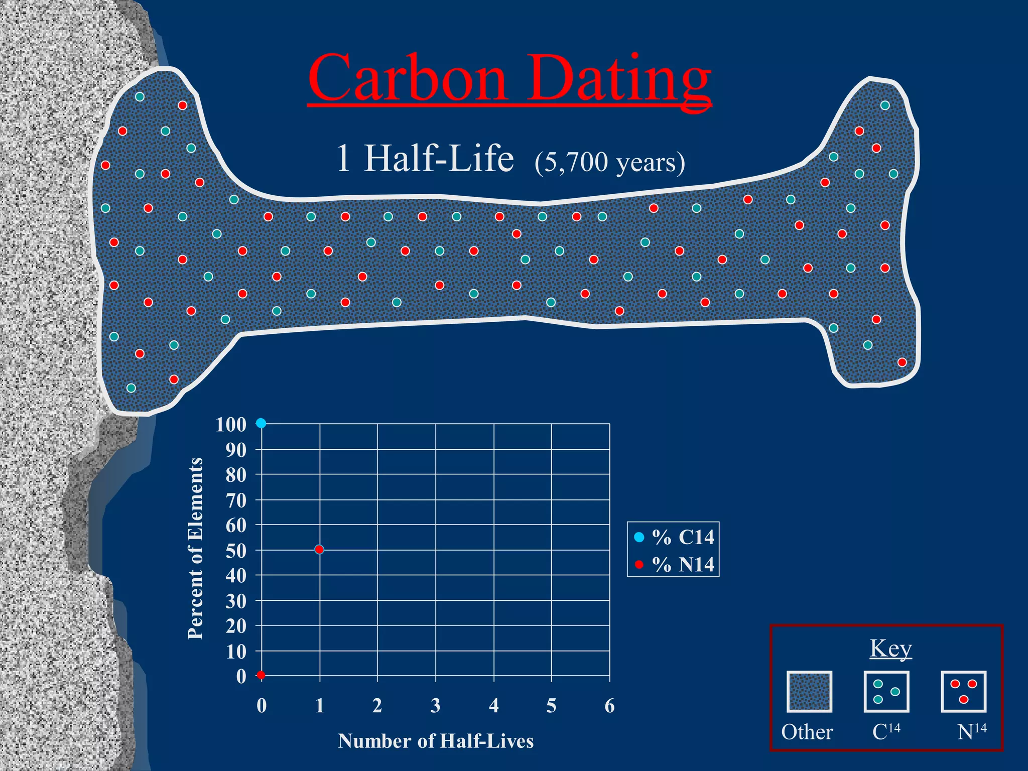 Carbon Dating 1 Half-Life  (5,700 years) Key Other C 14 N 14 