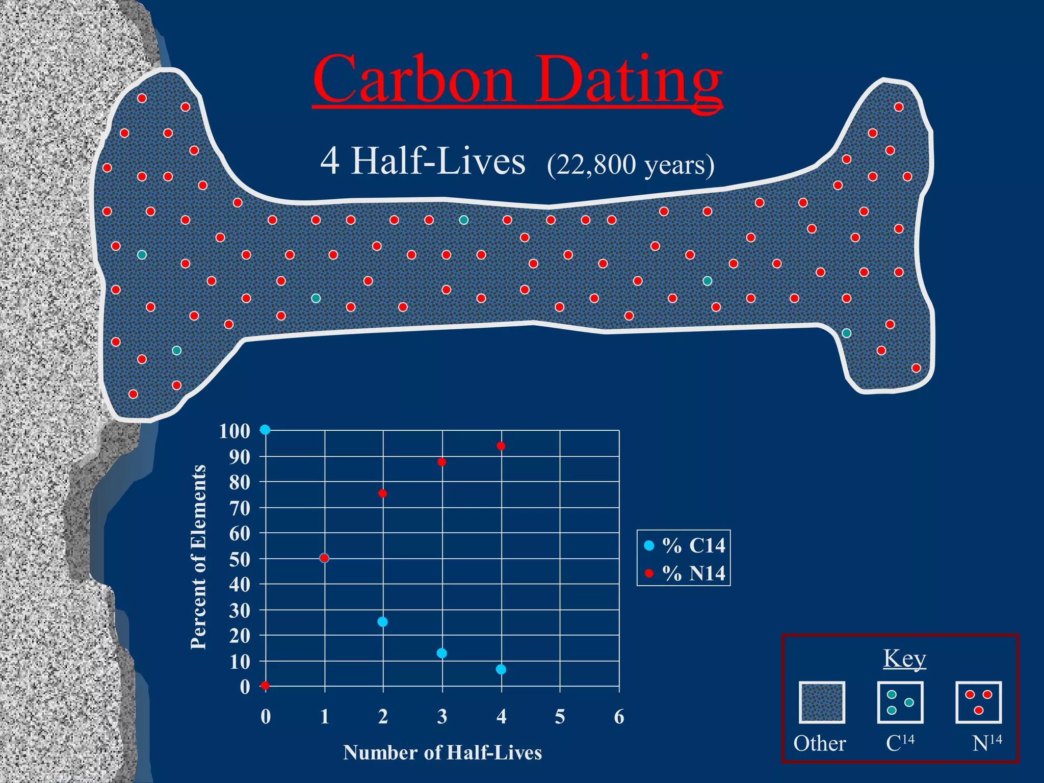 Carbon Dating 4 Half-Lives  (22,800 years) Key Other C 14 N 14 