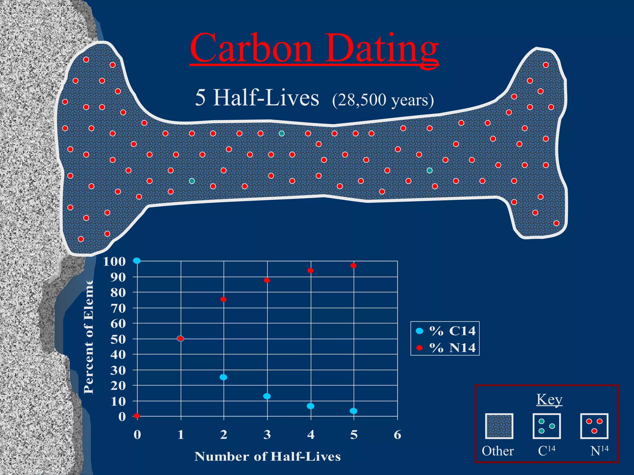 Carbon Dating 5 Half-Lives  (28,500 years) Key Other C 14 N 14 