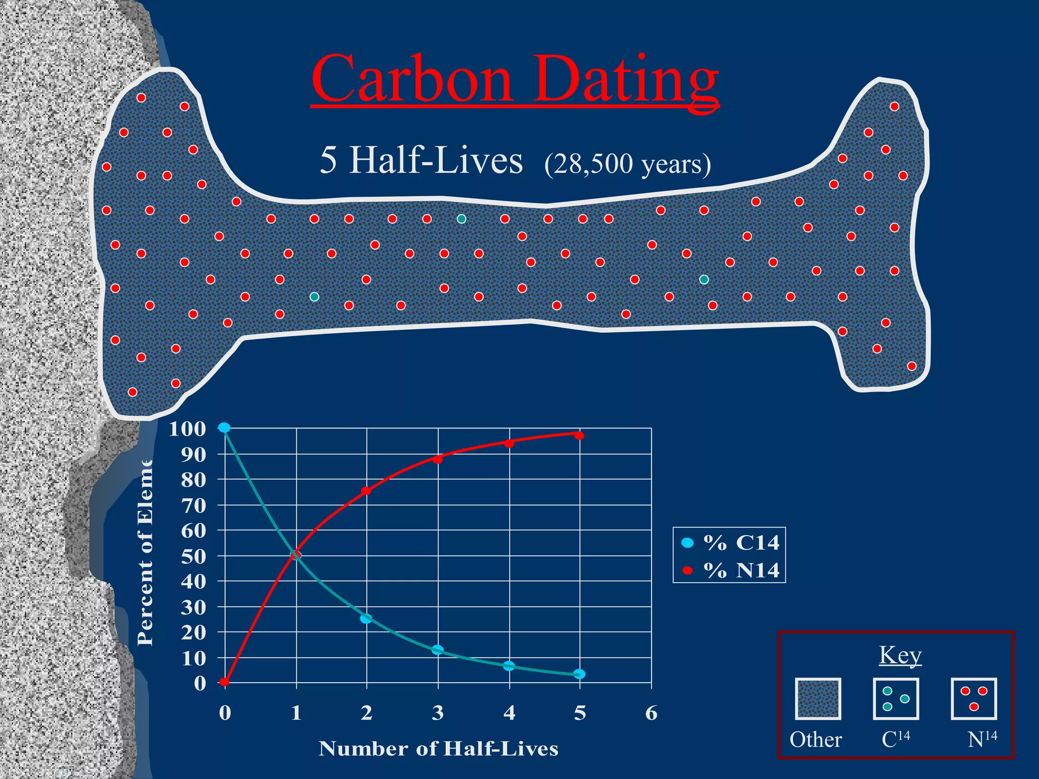 Carbon Dating 5 Half-Lives  (28,500 years) Key Other C 14 N 14 