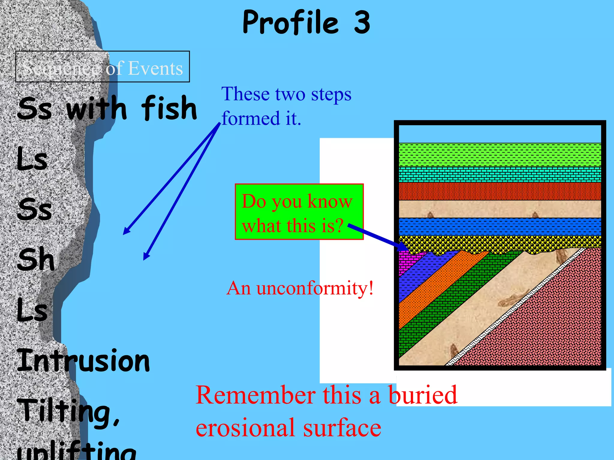 Profile 3 Ss with fish Ls Ss Sh Ls  Intrusion Tilting, uplifting, erosion Subsidence (sinking) Cngl Sh Ss with fish Ss Ls Sh  Sequence of Events Do you know what this is? An unconformity! These two steps formed it. Remember this a buried erosional surface 