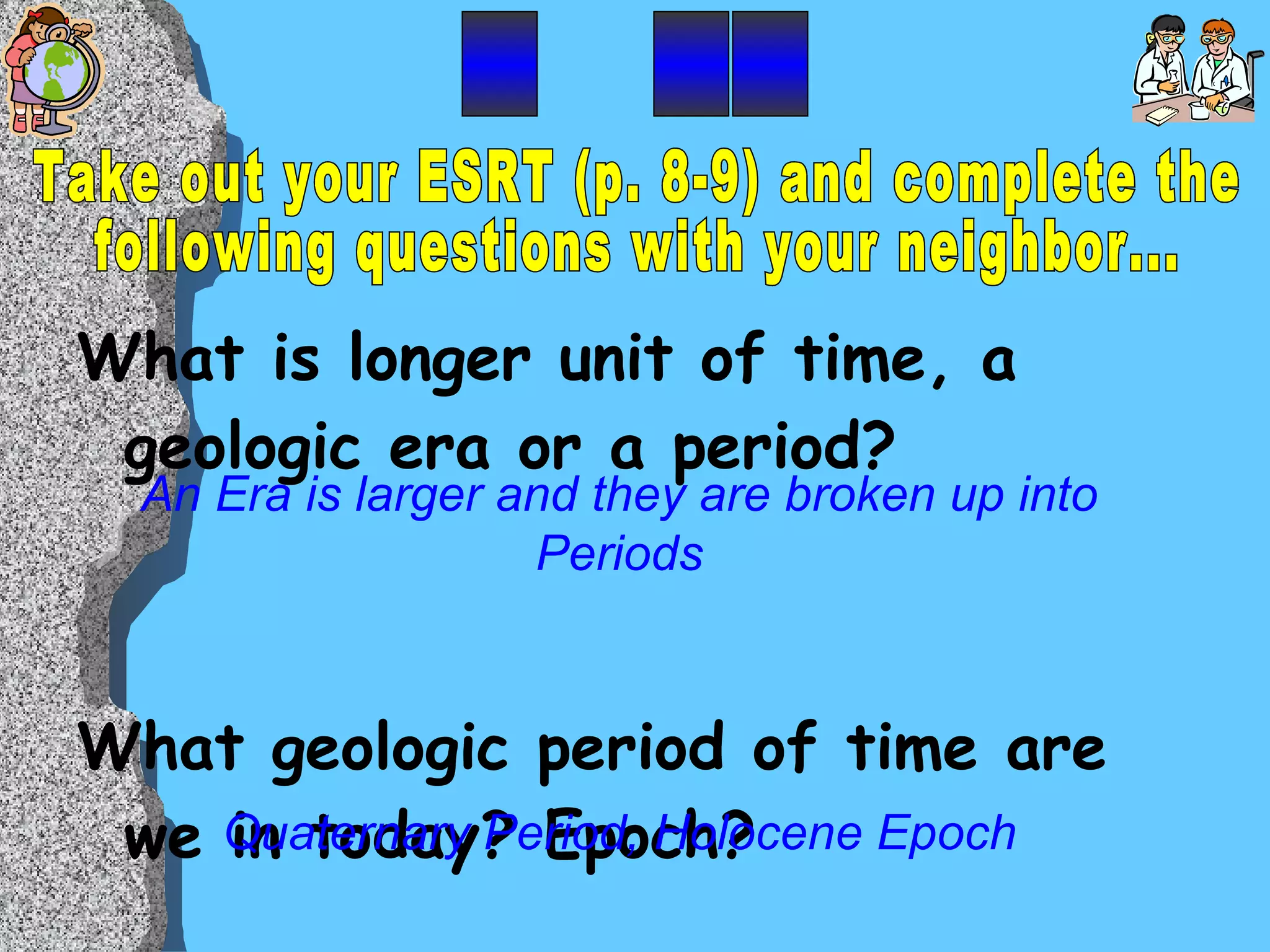 What is longer unit of time, a geologic era or a period? What geologic period of time are we in today? Epoch? _  __ Take out your ESRT (p. 8-9) and complete the  following questions with your neighbor... An Era is larger and they are broken up into Periods Quaternary Period, Holocene Epoch 