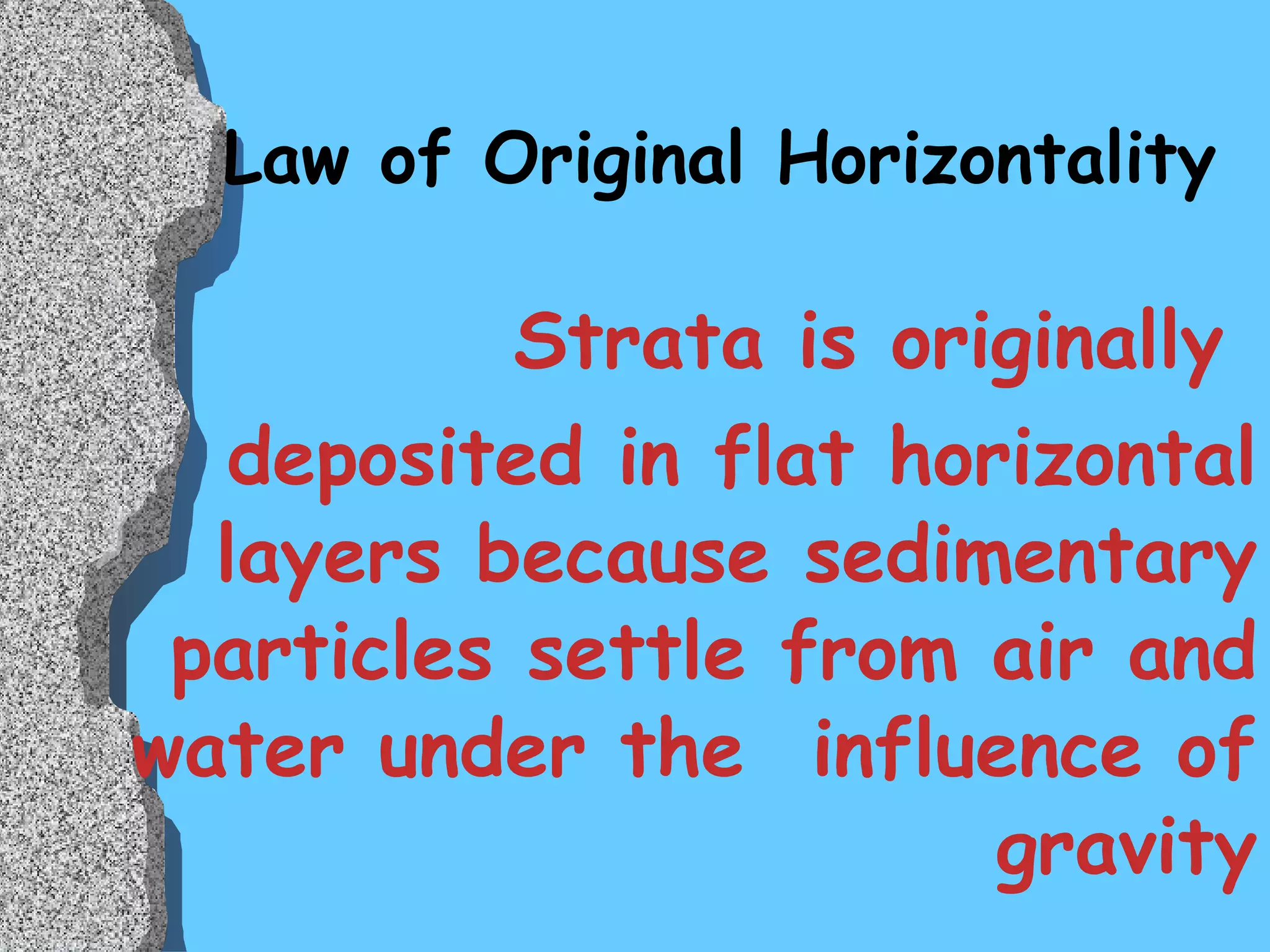 Law of Original Horizontality Strata is originally  deposited in flat horizontal layers because sedimentary particles settle from air and water under the  influence of gravity 