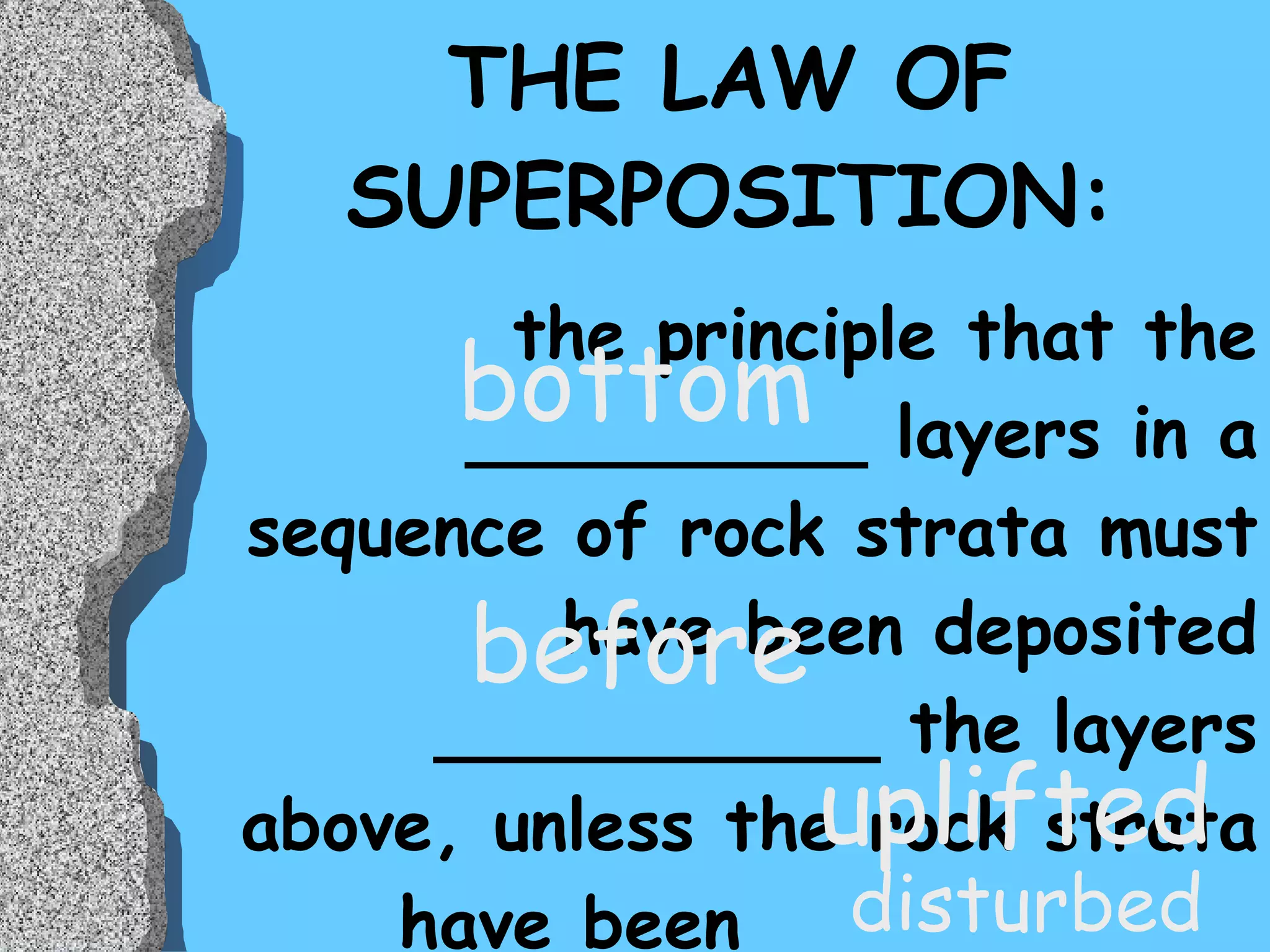 THE LAW OF SUPERPOSITION: the principle that the _________ layers in a sequence of rock strata must have been deposited __________ the layers above, unless the rock strata have been ___________ or___________ bottom before disturbed uplifted 
