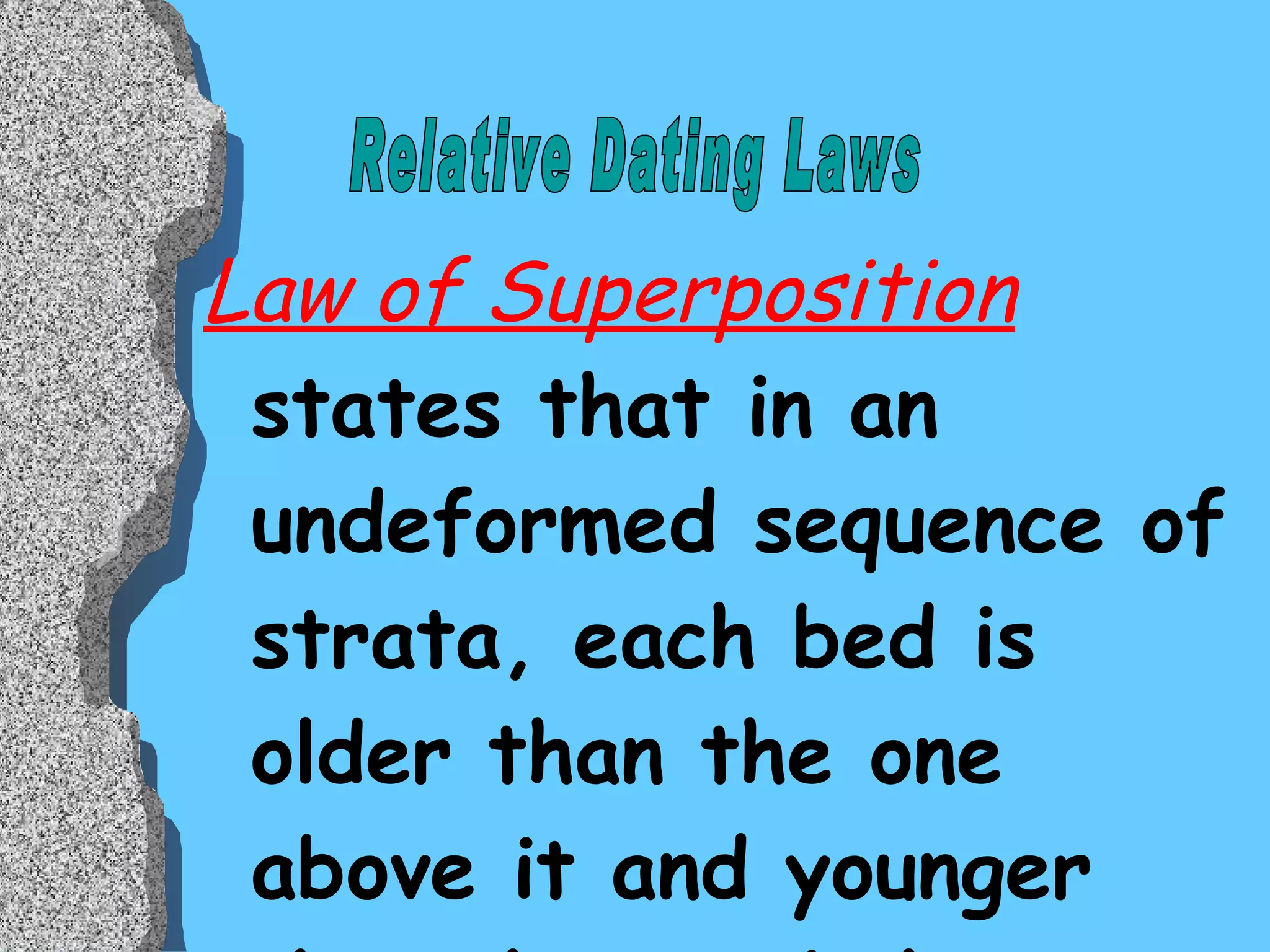 Law of Superposition  states that in an undeformed sequence of strata, each bed is older than the one above it and younger than the one below it.  Relative Dating Laws 