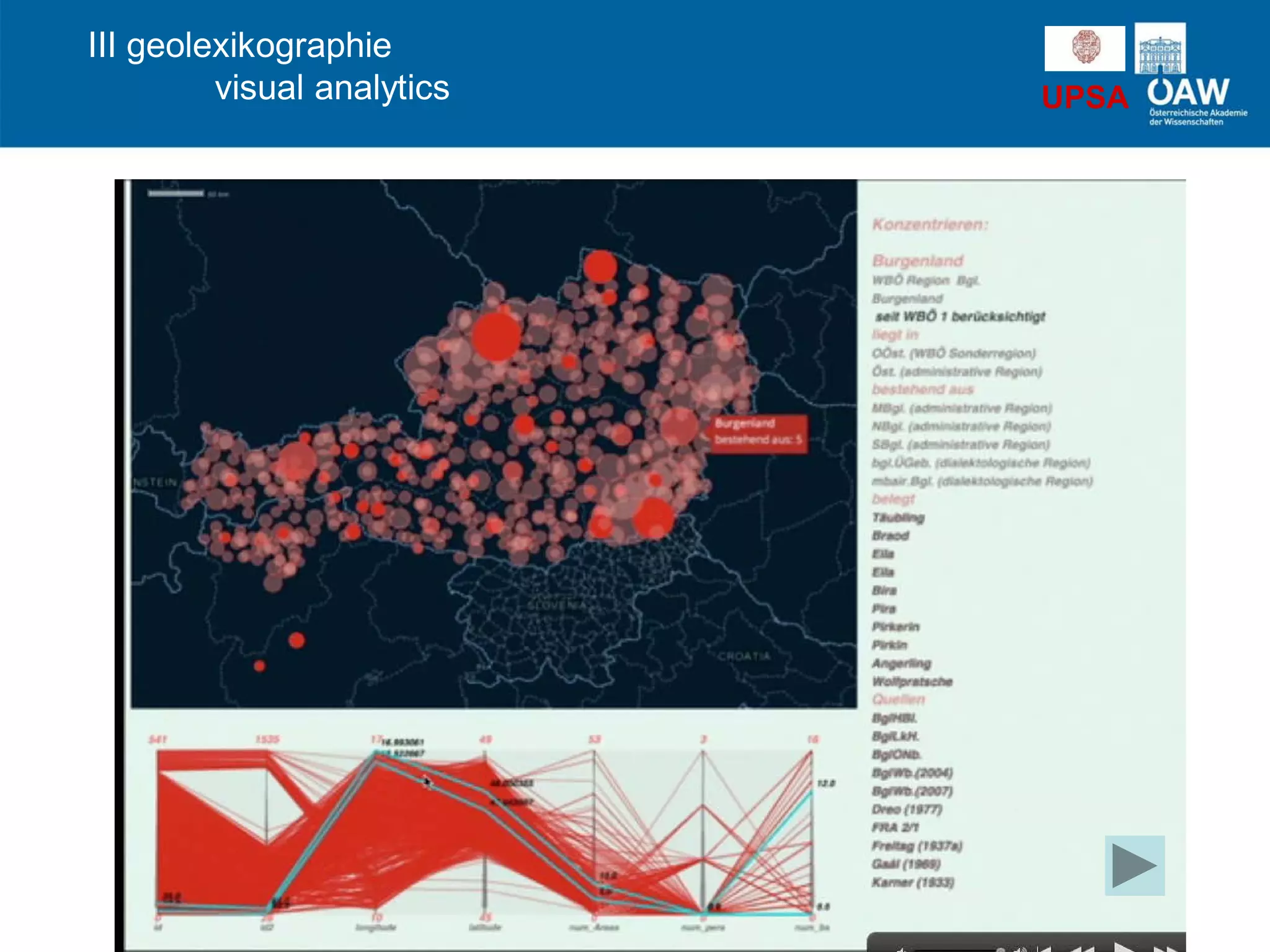 UPSA
III geolexikographie
visual analytics
 