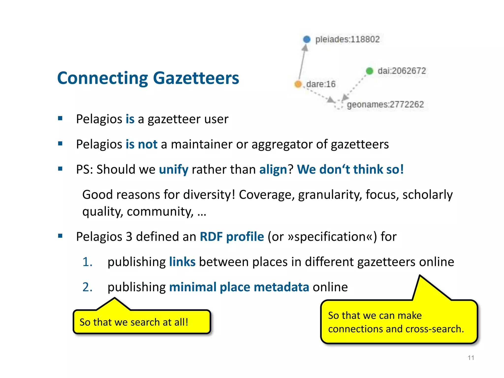 11
Connecting Gazetteers
 Pelagios is a gazetteer user
 Pelagios is not a maintainer or aggregator of gazetteers
 PS: Should we unify rather than align? We don&lsquo;t think so!
Good reasons for diversity! Coverage, granularity, focus, scholarly
quality, community, &hellip;
 Pelagios 3 defined an RDF profile (or &raquo;specification&laquo;) for
1. publishing links between places in different gazetteers online
2. publishing minimal place metadata online
So that we search at all!
So that we can make
connections and cross-search.
 