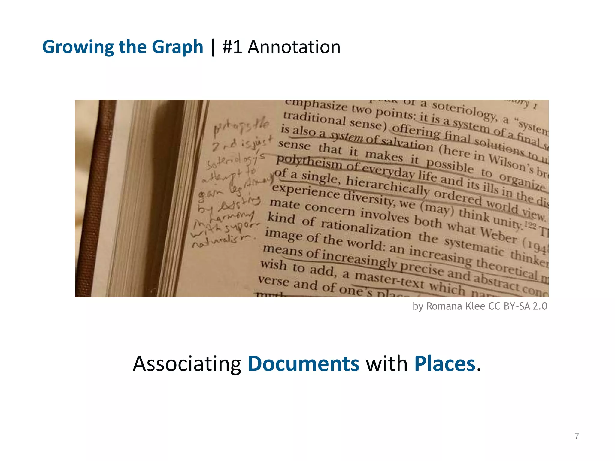7
by Romana Klee CC BY-SA 2.0
Growing the Graph | #1 Annotation
Associating Documents with Places.
 