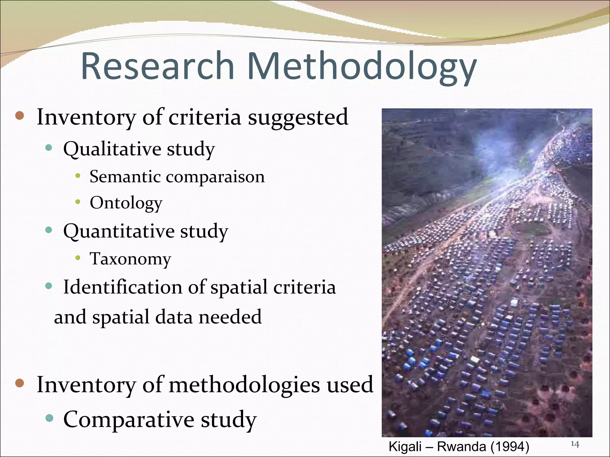 Inventory of criteria suggested Qualitative study  Semantic comparaison Ontology Quantitative study  Taxonomy Identification of spatial criteria and spatial data needed Inventory of methodologies used Comparative study Research Methodology Kigali – Rwanda (1994) 