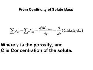 From Continuity of Solute MassFrom Continuity of Solute Mass
( )solute
in out
M
J J C x y z
t t
∂ ∂
ε
∂ ∂
− = = ∆ ∆ ∆∑ ∑
Where ε is the porosity, and
C is Concentration of the solute.
 