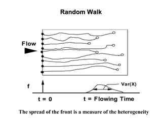 Flow
t = 0
f
t = Flowing Time
Var(X)
The spread of the front is a measure of the heterogeneity
Random WalkRandom Walk
 