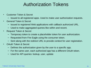 <ul><li>Customer Token & Secret </li></ul><ul><ul><li>Issued to all registered apps. Used to make user authorization reque...