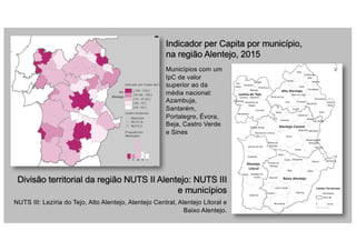 Indicador per Capita por município,
na região Alentejo, 2015
Divisão territorial da região NUTS II Alentejo: NUTS III
e municípios
Municípios com um
IpC de valor
superior ao da
média nacional:
Azambuja,
Santarém,
Portalegre, Évora,
Beja, Castro Verde
e Sines
NUTS III: Lezíria do Tejo, Alto Alentejo, Alentejo Central, Alentejo Litoral e
Baixo Alentejo.
 