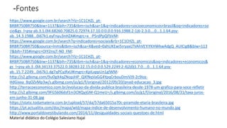 -Fontes
https://www.google.com.br/search?rlz=1C1CHZL_pt-
BRBR750BR750&biw=1137&bih=735&tbm=isch&sa=1&q=indicadores+socioeconomicos+brasil&oq=indicadores+so
cio&gs_l=psy-ab.3.1.0l4.68260.70825.0.72974.17.10.0.0.0.0.916.1988.2-1j6-2.3.0....0...1.1.64.psy-
ab..14.3.1988...0i67k1.eyFnyu3nHZA#imgrc=x_-P5rdPpQFbVM:
https://www.google.com.br/search?q=indicadores+sociais&rlz=1C1CHZL_pt-
BRBR750BR750&source=lnms&tbm=isch&sa=X&ved=0ahUKEwi5rryaxLTVAhVEYiYKHWkwAdgQ_AUICigB&biw=113
7&bih=735#imgrc=OIY2nsjT-N0_FM:
https://www.google.com.br/search?rlz=1C1CHZL_pt-
BRBR750BR750&biw=1137&bih=735&tbm=isch&sa=1&q=indicadores+economicos&oq=indicadores+economicos&
gs_l=psy-ab.3..0l4.34133.37522.0.38283.22.15.0.0.0.0.529.2249.2-4j2j0j1.7.0....0...1.1.64.psy-
ab..15.7.2249...0i67k1.dg7qPCyjRxU#imgrc=KpILxppUn1glWM:
http://s2.glbimg.com/9uOgX4qZNopJHP_QXfNqVaGG4YpqCrbouDmiVJ9-2c9Ioz-
HdGixxa_8qOZvMp3w/s.glbimg.com/jo/g1/f/original/2012/09/20/pnad-educacao_3.jpg
http://terracoeconomico.com.br/evolucao-da-divida-publica-brasileira-desde-1978-um-grafico-para-voce-refletir
http://s2.glbimg.com/9FGS606dsf1ni3OXQyjGM-Q1meU=/s.glbimg.com/jo/g1/f/original/2016/08/31/taxa-juros-
em-junho-31-08.jpg
https://static.todamateria.com.br/upload/57/da/57da65015a70c-piramide-etaria-brasileira.jpg
https://pt.actualitix.com/doc/mapa/wld/mapa-indice-de-desenvolvimento-humano-no-mundo.jpg
http://www.portaldovestibulando.com/2014/11/desigualdades-sociais-questoes-de.html
Material didático do Colégio Salesiano Itajaí
 