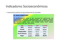 Indicadores Socioeconômicos
• Características básicas do desenvolvimento da sociedade
 