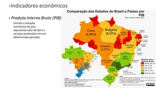 -Indicadores econômicos
Produto Interno Bruto (PIB).
(retrata a situação
econômica do país,
representa valor de bens e
serviços produzidos em um
determinado período)
 