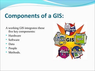 Components of a GIS:
A working GIS integrates these
five key components:
 Hardware
 Software
 Data
 People
 Methods.
 