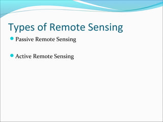 Types of Remote Sensing
Passive Remote Sensing
Active Remote Sensing
 