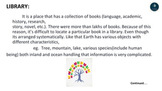 LIBRARY:
It is a place that has a collection of books (language, academic,
history, research,
story, novel, etc.). There were more than lakhs of books. Because of this
reason, it’s difficult to locate a particular book in a library. Even though
its arranged systematically. Like that Earth has various objects with
different characteristics,
eg. Tree, mountain, lake, various species(include human
being) both inland and ocean handling that information is very complicated.
Continued…..
 