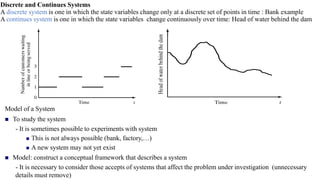 Discrete and Continues Systems
A discrete system is one in which the state variables change only at a discrete set of points in time : Bank example
A continues system is one in which the state variables change continuously over time: Head of water behind the dam
Model of a System
◼ To study the system
- It is sometimes possible to experiments with system
◼ This is not always possible (bank, factory,…)
◼ A new system may not yet exist
◼ Model: construct a conceptual framework that describes a system
- It is necessary to consider those accepts of systems that affect the problem under investigation (unnecessary
details must remove)
 
