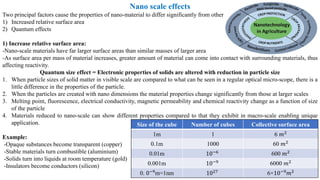 Nano scale effects
Two principal factors cause the properties of nano-material to differ significantly from other materials
1) Increased relative surface area
2) Quantum effects
1) Increase relative surface area:
-Nano-scale materials have far larger surface areas than similar masses of larger area
-As surface area per mass of material increases, greater amount of material can come into contact with surrounding materials, thus
affecting reactivity.
Quantum size effect = Electronic properties of solids are altered with reduction in particle size
1. When particle sizes of solid matter in visible scale are compared to what can be seen in a regular optical micro-scope, there is a
little difference in the properties of the particle.
2. When the particles are created with nano dimensions the material properties change significantly from those at larger scales
3. Melting point, fluorescence, electrical conductivity, magnetic permeability and chemical reactivity change as a function of size
of the particle
4. Materials reduced to nano-scale can show different properties compared to that they exhibit in macro-scale enabling unique
application.
Example:
-Opaque substances become transparent (copper)
-Stable materials turn combustible (aluminium)
-Solids turn into liquids at room temperature (gold)
-Insulators become conductors (silicon)
Size of the cube Number of cubes Collective surface area
1m 1 6 𝑚2
0.1m 1000 60 𝑚2
0.01m 10−6
600 𝑚2
0.001m 10−9 6000 𝑚2
0. 0−9m=1nm 1027 6×10−9𝑚2
 